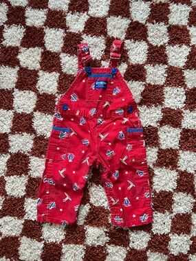 Vintage OshKosh B'gosh Red Sailboat Print Kids Overalls